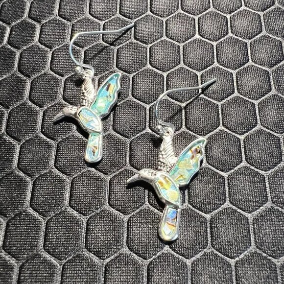 Hummingbird Earrings with Green Abalone Stones 18K White Gold Plated - Picture 1 of 1